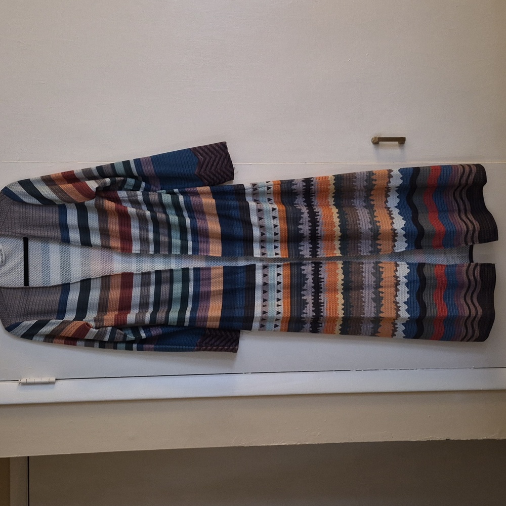 Misslook Full Length Stripe Open Knit Boho Aztec Urban Long Cardigan Sz M